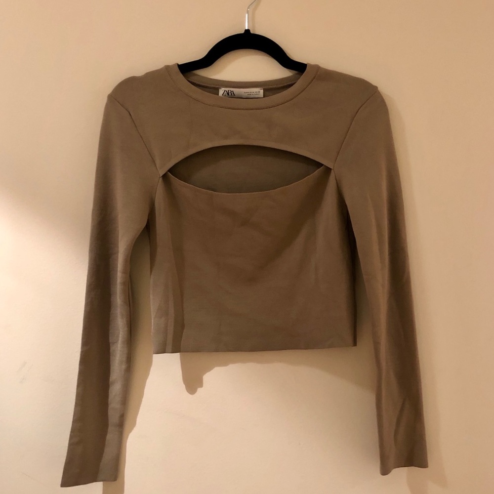 Zara Taupe Long-Sleeve Crop Top with Front Cutout